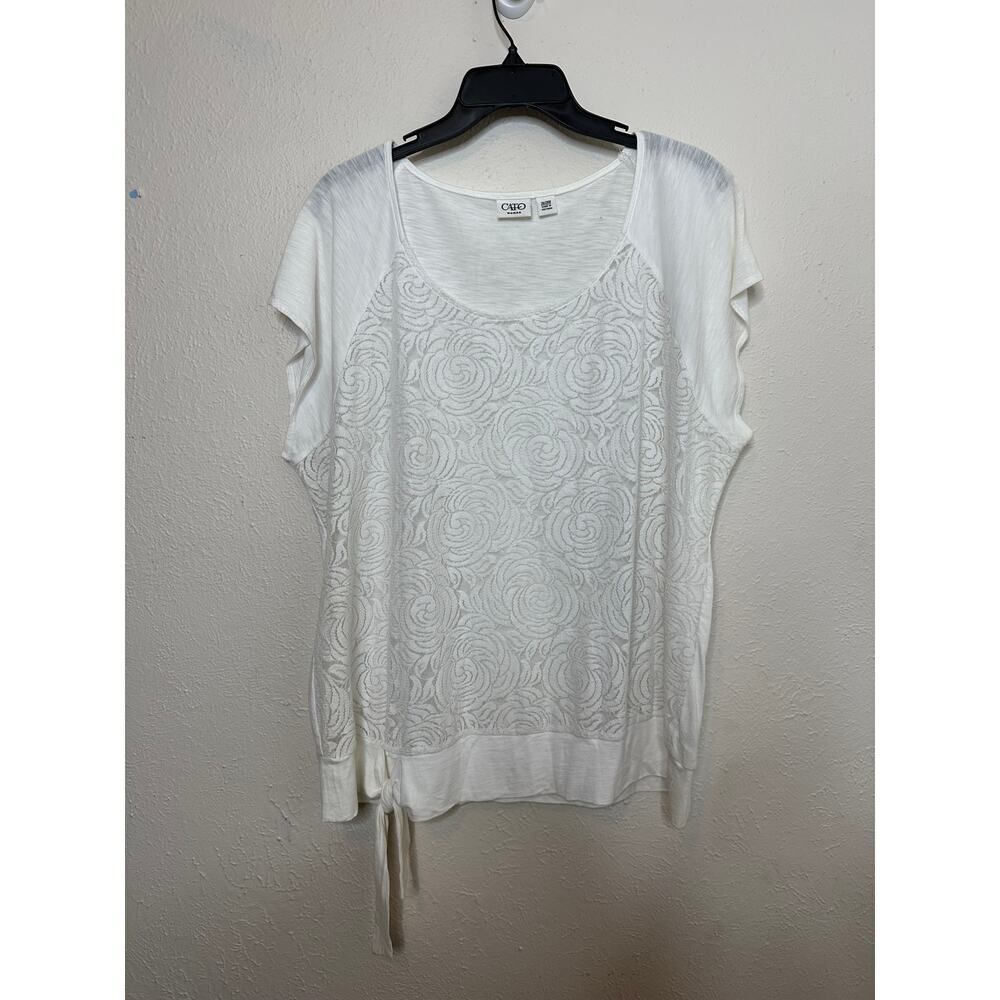 Cato's Woman's 26/28 Cotton Blend Lace Sheer Front Tie White Cap Sleeve Blouse